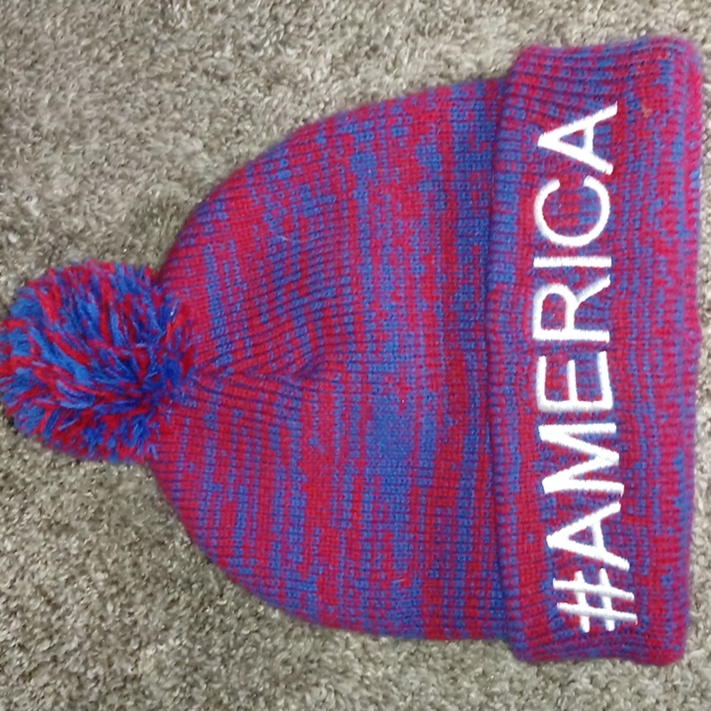 NWOT Blue & red beanie w/ ball on top. #AMERICA